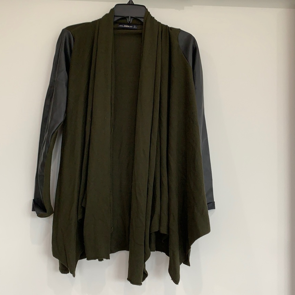 Zara olive sweater with leather sleeves, L